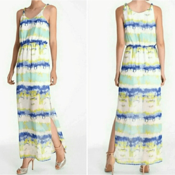 Catherine Melandrino Striped Blue Green Chiffon Tie-Dye Maxi Dress Woman’s M NWT - Picture 1 of 15